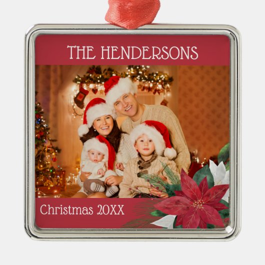 Foto met Kerstmis Poinsettia Metalen Ornament (Voorkant)