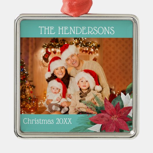 Foto met Kerstmis Poinsettia Metalen Ornament (Voorkant)