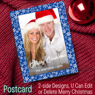 Foto met Kerstmis Snowflake Elegant Script Blue Feestdagenkaart