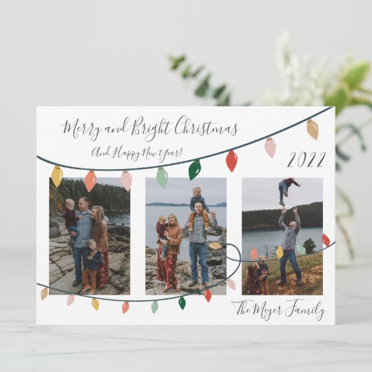 Foto met moderne sieraden en heldere kerstlichten feestdagenkaart (Staand voorkant)