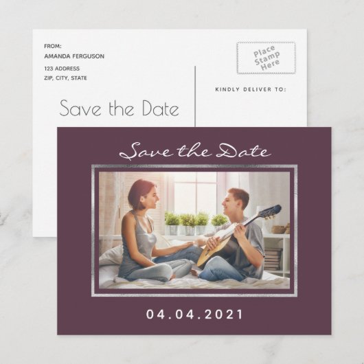 Foto met paarse bruiloft Save the Date Aankondigingskaart (Voorkant / Achterkant)