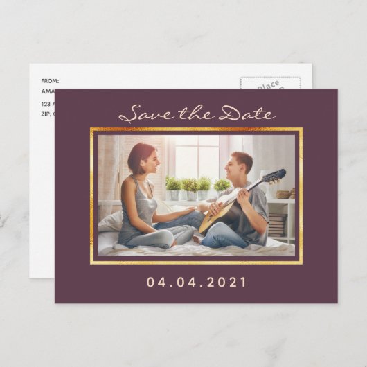 Foto met paarse gouden bruiloft Bespaar op datum Aankondigingskaart (Voorkant / Achterkant)
