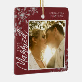 Foto met Red Snowflakes voor eerste kerstmis Keramisch Ornament (Rechts)