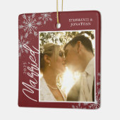 Foto met Red Snowflakes voor eerste kerstmis Keramisch Ornament (Links)