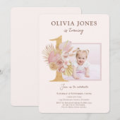 Foto met Roze Bloemen 1e verjaardag uitnodiging (Voorkant / Achterkant)