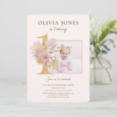 Foto met Roze Bloemen 1e verjaardag uitnodiging (Staand voorkant)