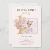 Foto met Roze Bloemen 1e verjaardag uitnodiging (Voorkant)