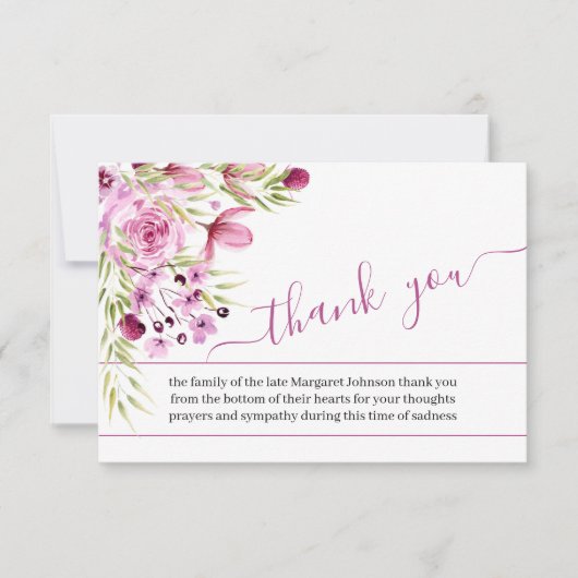 Foto met roze paarse bloemen en script begrafenis bedankkaart (Voorkant)