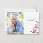 Foto met roze paarse bloemen en script begrafenis bedankkaart (Achterkant)