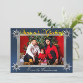 Foto met Silver Border & Snowflakes op Blauw Feestdagenkaart (Staand voorkant)