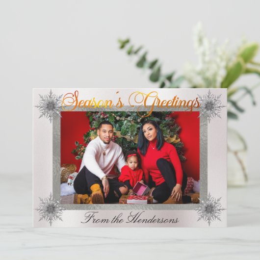 Foto met Silver Border & Snowflakes op Pearl Feestdagenkaart (Staand voorkant)