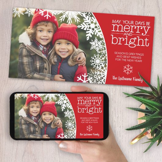 Foto met sneeuwvlokken - vrolijk en helder Kerstmi Feestdagenkaart