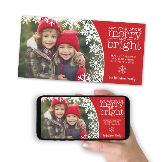 Foto met sneeuwvlokken - vrolijk en helder Kerstmi Feestdagenkaart