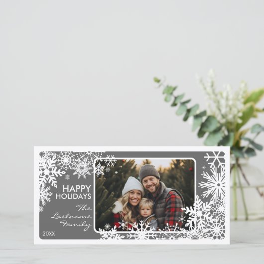 Foto met Snowflake Border - Grijs Wit Feestdagenkaart (Staand voorkant)