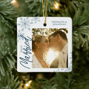 Foto met Snowflakes voor eerste kerstmis Keramisch Ornament