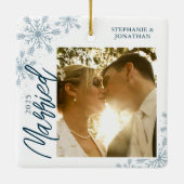 Foto met Snowflakes voor eerste kerstmis Keramisch Ornament (Achterkant)