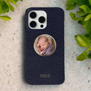 Foto Midnight Blue Faux Lederen Modern Monogram iPhone 16 Pro Max Hoesje