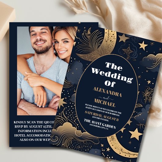 Foto Midnight Blue Goud Hemelse bruiloft Kaart