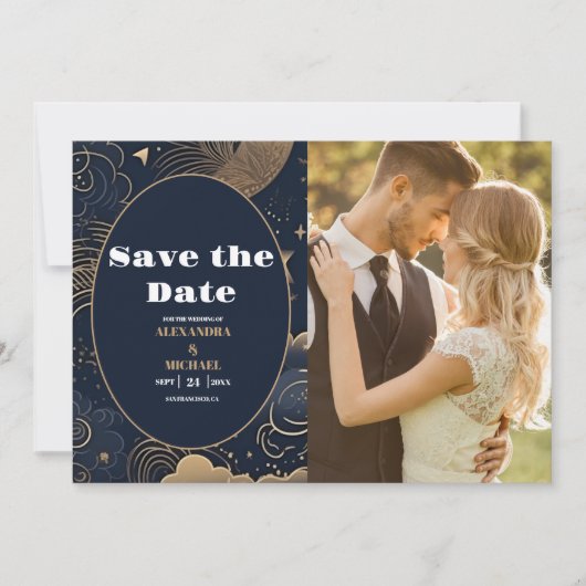 Foto Midnight Blue Goud Hemelse bruiloft Save The Date (Voorkant)