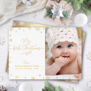 Foto Mijn Eerste Kerst Baby Sneeuwvlokken Echt Gou Folie Feestdagenkaart