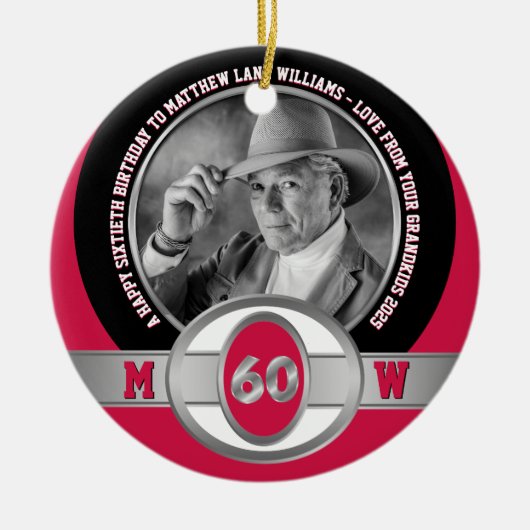 Foto: Milestone Birthday 60th Red Black White Keramisch Ornament (Voorkant)