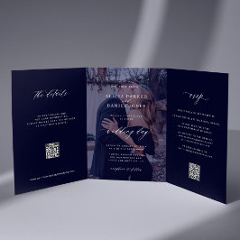 Foto minimalistische middernachtblauwe bruiloft al drieluik aankondiging