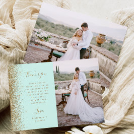 Foto Mintgroene Gouden Glitter Script Bruiloft Bedankkaart