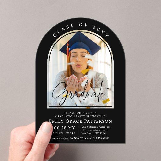 Foto Modern Arch Afstuderen Script Afstudeerfeest Acryl Uitnodigingen (Insitu (Draagbaar))