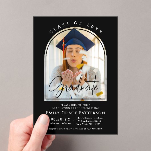 Foto Modern Arch Afstuderen Script Afstudeerfeest Acryl Uitnodigingen (Insitu (Draagbaar))