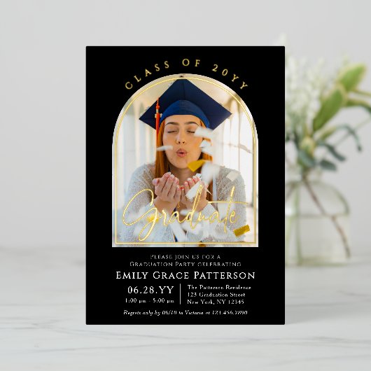 Foto Modern Arch Afstuderen Script Afstudeerfeest Folie Uitnodiging (Staand Voorkant)