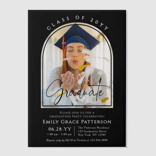 Foto Modern Arch Afstuderen Script Afstudeerfeest Vellum Uitnodigingen (Voorkant)