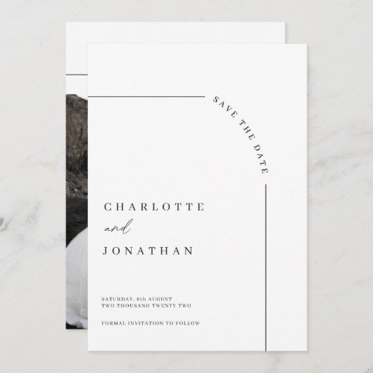 Foto Modern Arch Black en White Wedding Save The Date (Voorkant / Achterkant)