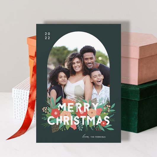 Foto Modern Bold Floral Merry KerstArch Feestdagenkaart