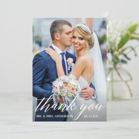 Foto Modern Calligraphy Wedding Bride Groom Bedankkaart (Staand voorkant)