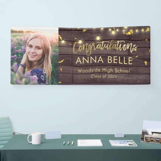 Foto modern Chic Script Rustic Gold Afstuderen Spandoek (Beurs)