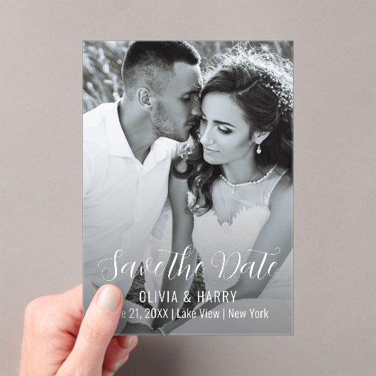 Foto Modern Elegant Script Bewaar de datum Acryl Uitnodigingen (Insitu (Draagbaar))