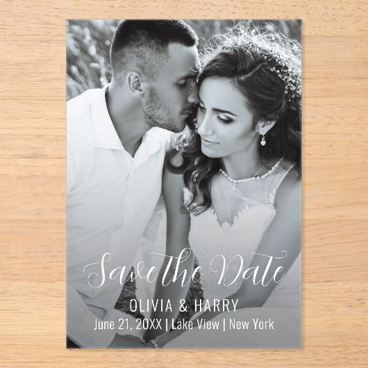 Foto Modern Elegant Script Bewaar de datum Acryl Uitnodigingen (Voorkant)