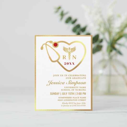 Foto Modern Golden White Nursing Graduation Party Briefkaart (Staand voorkant)