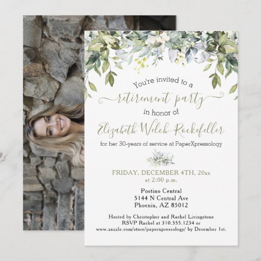 Foto Modern Greenery Retirement Party Kaart (Voorkant / Achterkant)