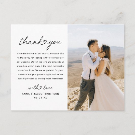 Foto modern hartscript bruiloft Bedankt Briefkaart (Voorkant)