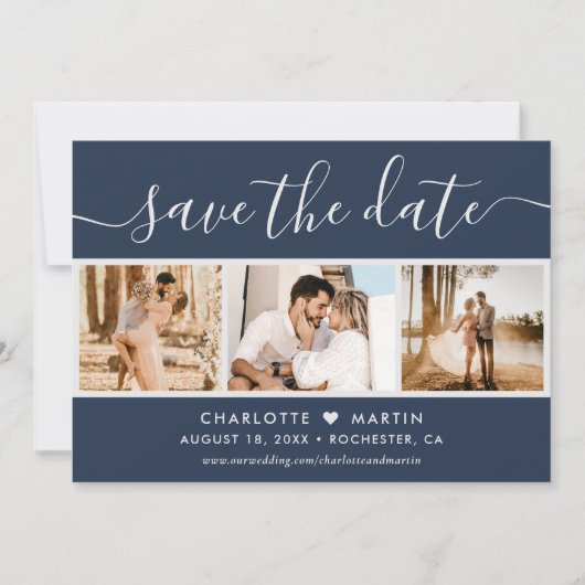 Foto modern Script Navy Blue en Silver Wedding 4 Save The Date (Voorkant)