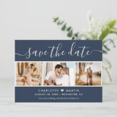 Foto modern Script Navy Blue en Silver Wedding 4 Save The Date (Staand voorkant)