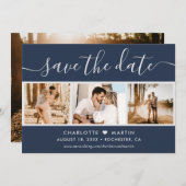 Foto modern Script Navy Blue en Silver Wedding 4 Save The Date (Voorkant / Achterkant)