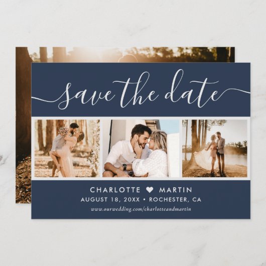 Foto modern Script Navy Blue en Silver Wedding 4 Save The Date (Voorkant / Achterkant)