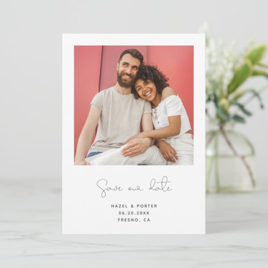 Foto modern script Verloving Save The Date (Staand voorkant)