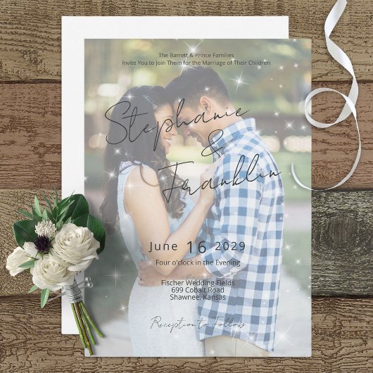 Foto Modern Vellum Sparkle Wedding Invitation Kaart