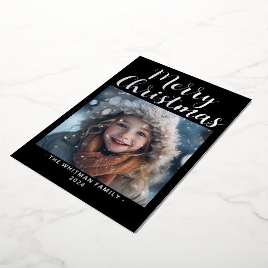 Foto Modern Zwart Vrolijk Kerstfeest Folie Feestdagenkaart (Gedraaid)