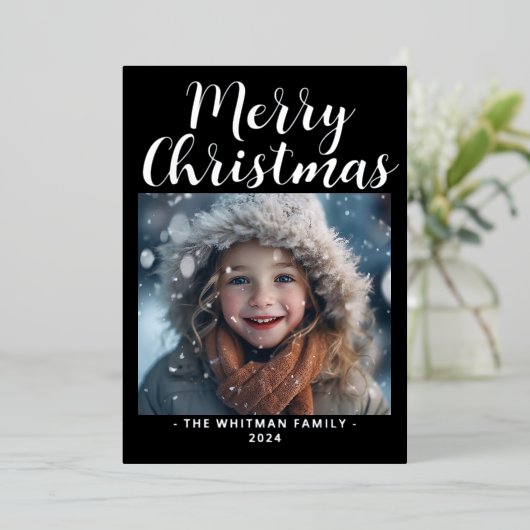 Foto Modern Zwart Vrolijk Kerstfeest Folie Feestdagenkaart (Staand Voorkant)