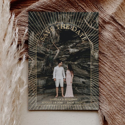 Foto Moderne Boho Boog Save The Date Goud Folie Uitnodiging