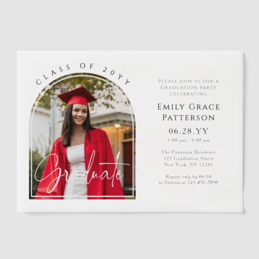 Foto Moderne Boog Afgewezen Script Afstudeerfeest Vellum Uitnodigingen (Voorkant)